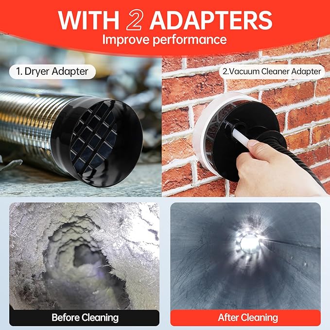 Dryer Vent Cleaner Kit, Bluesea 33-Piece Omnidirectional Dryer Cleaning Kit Include 50 Feet Dryer Vent Brush, Upgrade Noiseless Dryer Lint Vacuum Attachment, Lint Trap Brush, Vacuum & Dryer Adapters