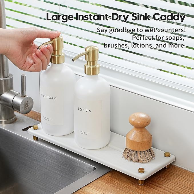 Water Absorbing Stone Sink Caddy Kitchen Sink Organizer Tray, Diatomite Bathroom Counter Tray, Gold Faucet Drying Mat Coaster Soap Dish Rack Riser Dispenser Sponge Holder, White 12.5" x 4.5"