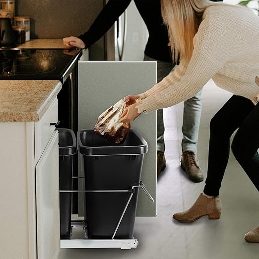 SUPER DEAL Double 35-Quart Pull Out Trash Can Under Cabinets Under Sink Garbage Sliding Waste Bin Container Recycling Bins with Chrome Wire Bottom Mount 44 lbs Load Capacity, Black