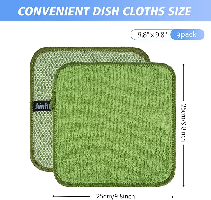 KinHwa Kitchen Washcloths for Dishes Absorbent Microfiber Dish Cloths Quick Dry Dish Rags with Poly Scour Scrub Side Ideal for Kitchen Cleaning (Mixing Colors #1, 9inchx9inch 9 Pack)
