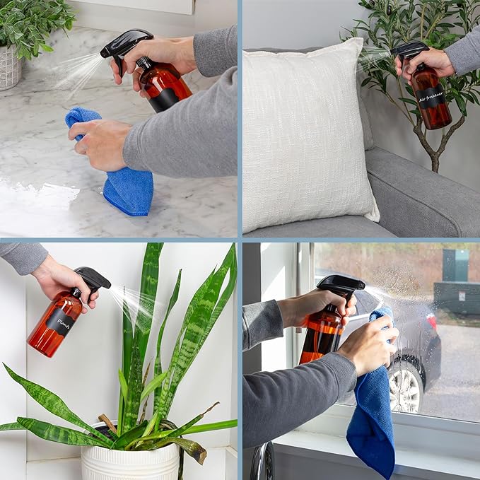 Cornucopia Brands 16oz Amber PLASTIC Spray Bottles w/Heavy Duty Mist & Stream Sprayers & Chalkboard Labels (6-pack); PET #1 Plastic Bottles, BPA-Free