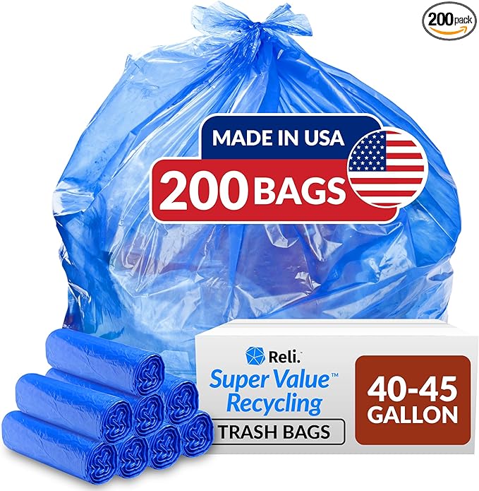 Reli. SuperValue 40-45 Gallon Recycling Bags | 200 Count | Blue Trash Bags | Made in the USA