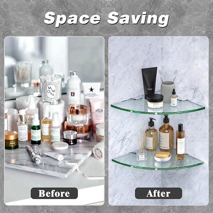 Corner Glass Shower Caddy 4 Pack 8MM-Thick Tempered Glass Shelf No Drilling Wall Mount Corner Mounted Shelves Space Saver Adhesive Bathroom Home Shelf Shampoo Holder Organizer Strong Adhesion