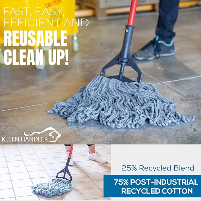 KLEEN HANDLER HEAVY DUTY Commercial Mop Head Replacement, Wet Industrial Cotton Looped End String Cleaning Mop Head Refill, Blue Mop, Universal Headband
