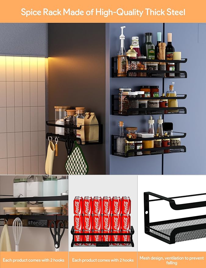 Spice Rack Wall Mount with Hooks - Spice Racks Organizer for Cabinet Storage, Wall Mounted Hanging Shelf Seasoning Organizer, for Kitchen, Pantry Door, Bathroom (Black, 2 Pack)