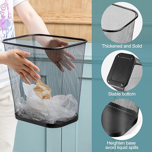 Nuanchu 6 Pcs Mesh Square Trash Cans 4 Gallons Wire Wastebasket for Home Black Metal Office Garbage Cans Rectangular Trash Bin for Kitchen Bathroom Bedroom, 11.7 x 8.5 x 11.8 Inch (Black)