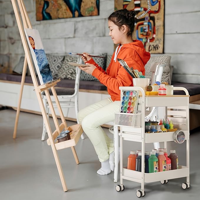 Art Cart with Tabletop & Pegboard - 3-Tier Rolling Utility Cart with Wheels, 2 Baskets & 6 Hooks - Metal Storage Organizer for Home, Office, Crafting & Kids’ Art Supplies (White)
