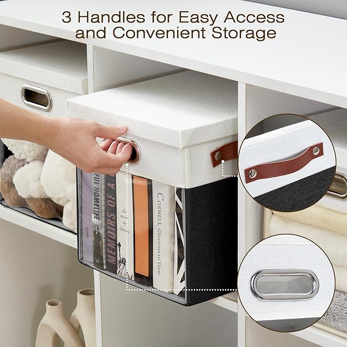 Fabric Storage Cubes with Clear Windows and Lids 11'' Foldable Storage Bins with 3 Handles, Decorative Storage Boxes for Home, Bedroom, Closet, Office (Balck & White)