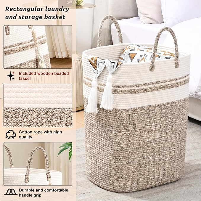 Woven Laundry Basket for Clothes, 50 L Large Rectangle Laundry Hampers with Beads Tassel, Nursery Storage Basket for Toys, Tall Dirty Clothes Hamper for Bedroom Aesthetic, Laundry Room Organization