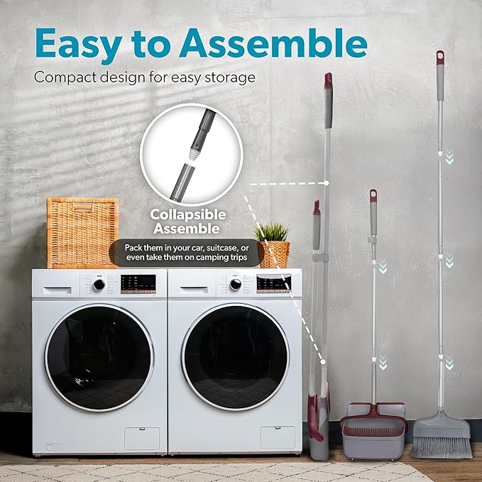 BLACK+DECKER Butler Broom & Dustpan Set - Stand-Up Design - Lightweight, Space-Saving Combo for Kitchen, Living Room, Bathroom, Lobby Floors - Home Cleaning Essential, Light Gray/Burgundy