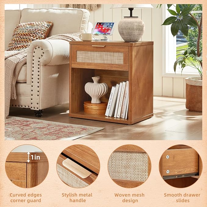 LEYAOYAO Rattan Nightstands Set of 2 with Charging Station, Natural Wood Night Stand with Drawer, 23" Wide Boho Bedside Table Open Cabinet, Bed Side Table Dresser for Bedroom, Living Room, Entrance