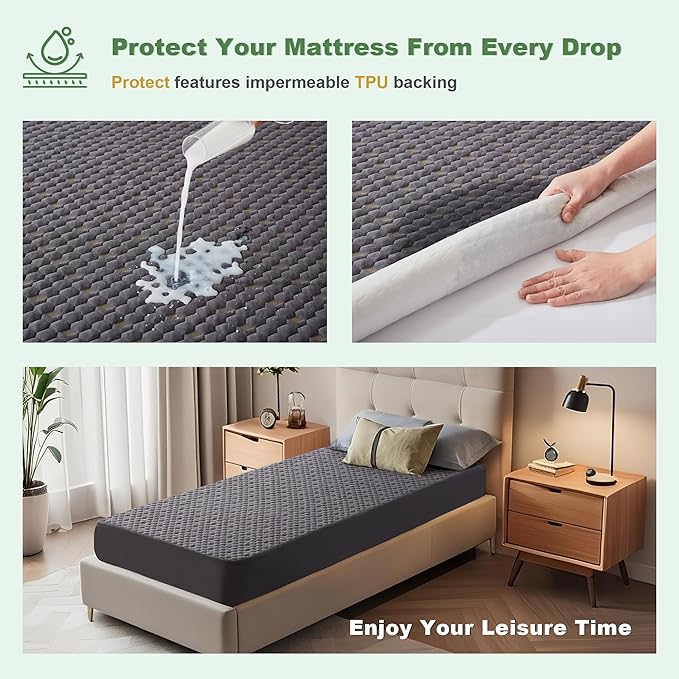 Waterproof Mattress Protector, Twin XL Size Mattress Pad Fitted 6-15" Deep Pocket, 3D Air Fabric Breathable Bed Mattress Cover Noiseless Washable for College Dorm(Carbon Gray)