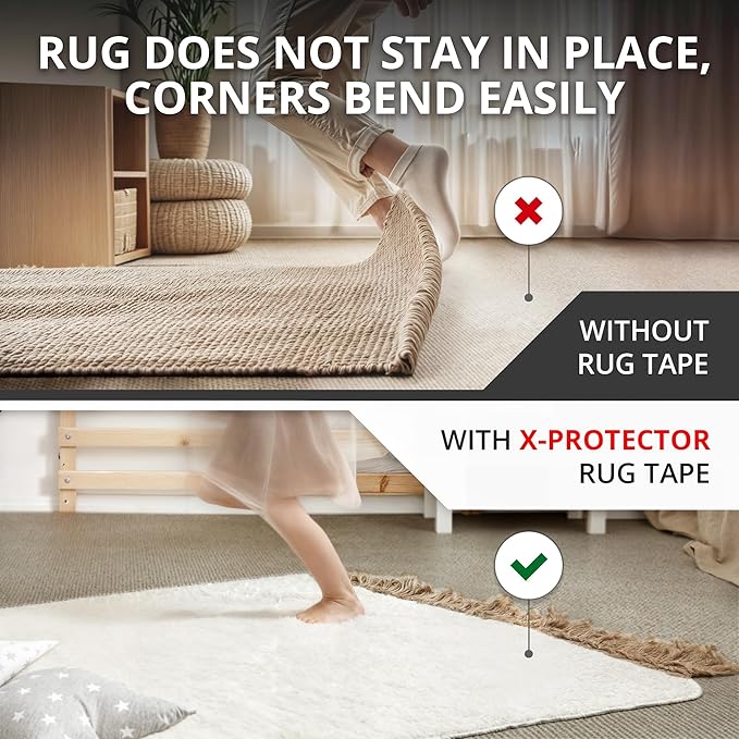 X-Protector Rug Tape for Carpet - 12 Pcs Set - White Anti-Slip & Anti-Curling Carpet Tape for Rugs - Premium Rug Pad Gripper - Ideal Carpet Corner Grippers to Keep Your Rugs & Make Corners Flat