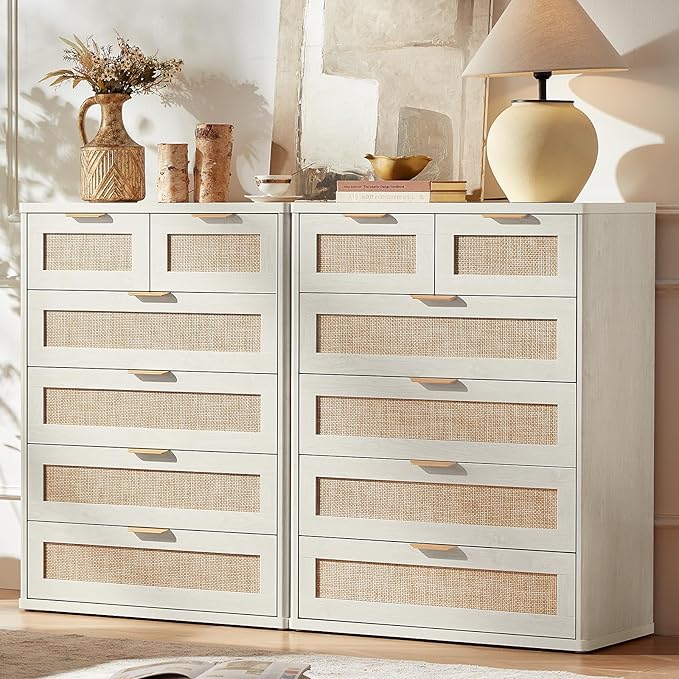 LEYAOYAO White Dresser for Bedroom Set of 2, 42" Tall Chest of Drawers, Modern 6 Drawers Boho Rattan Dressers with Storage, Dresser Wooden Closet Organizer for Living Room, Hallway