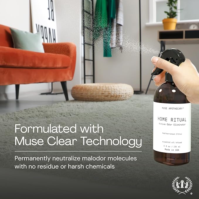Muse Apothecary Home Ritual Active Odor Eliminator Spray - Furniture Deodorizer Spray & Bathroom Odor Eliminator for Home - Essential Oil Air Freshener - 4oz, Mediterranean Citrus