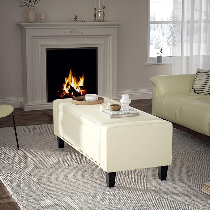 48.8" Storage Ottoman Bench Cream White | Faux Leather Bedroom Bench with Lift Top for Living Room & Bed End