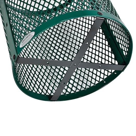 Global Industrial Outdoor Diamond Steel Trash Can with Flat Lid and Plastic Liner, 36 Gallon Capacity, Green, Thermoplastic Coating, 23-1/2" Diameter, 30" H