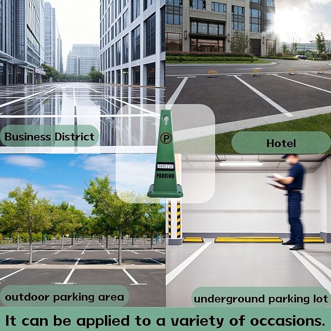 4-Pack 26.5" Caution Cones, 4-Sided Visible Safety Signs with Heavy Rubber Base, Warning for Slip & Fall Prevention, Indoor/Outdoor Use (Green, 4Pcs-Reserved Parking)