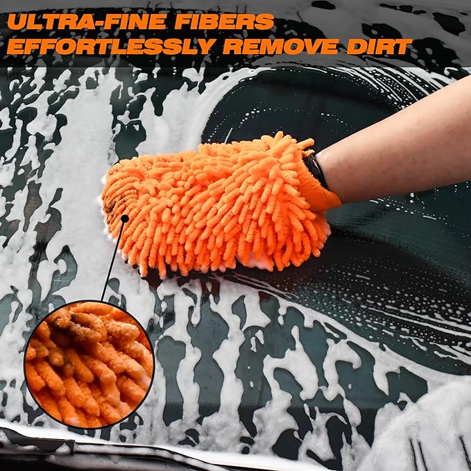 Raeyuan Car Wash Mitt Microfiber 2 Pack Scratch Proof & Lint-Free Wash Mitt for Cars, SUVs, Trucks - Large 9.06"x5.91", Orange & Blue (All-Purpose Car Cleaning)