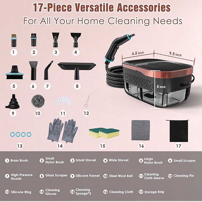 Steam Cleaner, 4 Bar High Pressure Steamer with 6-Level Adjustable, 15s Heat-Up, 42.7oz Large Tank, 7ft Extended Hose, 18 pcs Accessories, Portable Steam Cleaner for Home, Car, Tile, Grout, Grease