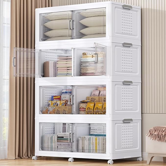 BROVIEW 69.3"H 200Gal Plastic Storage Bins with Lid & Wheels,4Pack Extra Large Stackable Storage Bins with Dividers,Closet Organizers and Storage Cabinet Collapsible Box Shelves for Home Kitchen,White
