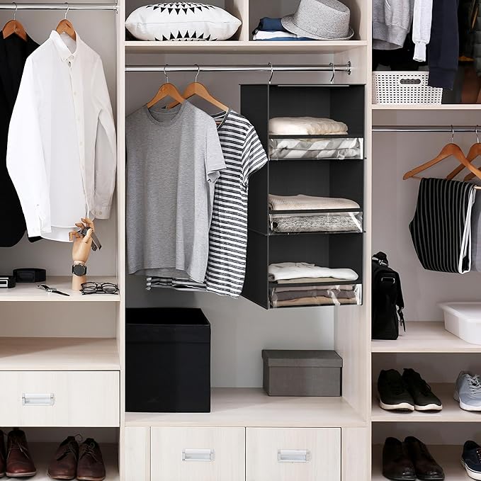 Simple Houseware 3 Shelf Hanging Closet Organizer with Front Stopper, Black
