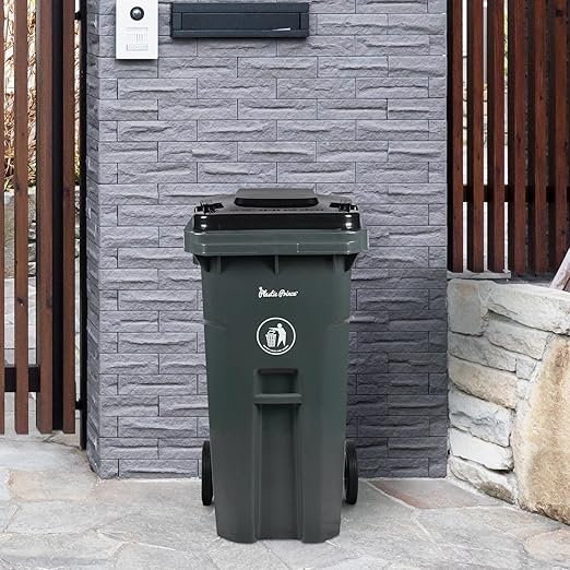 32 Gallon Trash Can with Wheels Outdoor Recycling Bin with Lid and Wheels Heavy Duty Rolling Garbage Can Commercial Wheeled Garbage Can for Home Garage Office, Set of Blue and Gray