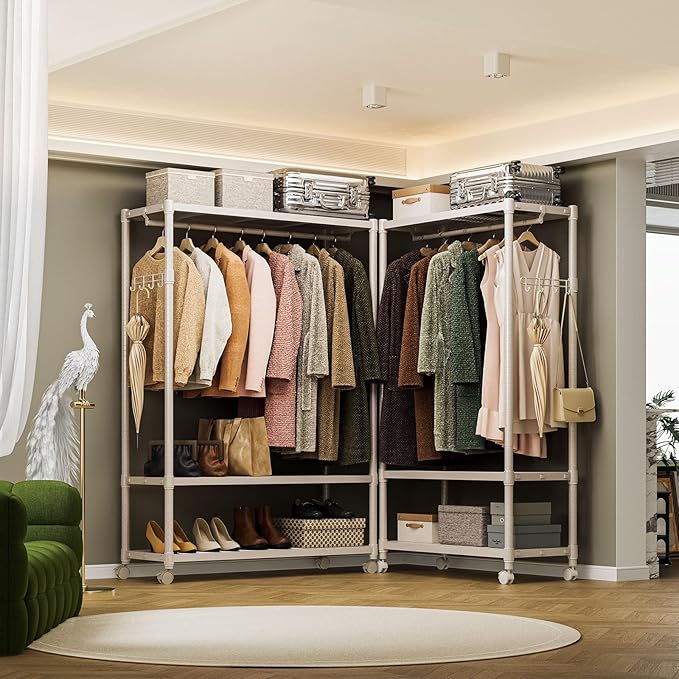 IZEUK Heavy Duty Rolling Garment Rack Wire Clothes Rack for Hanging Clothes, Metal Freestanding Closet Wardrobe Rack with Double Rods and Side Hooks Gold 17.7" D x 45.3" W x 70.3" H
