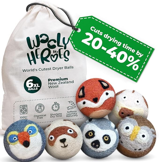 No More Dryer Sheets! Reusable Wool Dryer Balls XL 6-Pack - Reduces Static, Cuts Dry Time, & Softens Naturally