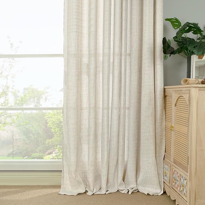 YoungsTex Boho Linen Curtains 63 Inch Length 2 Panels for Living Room - Cream Semi Sheer Window Drapes Light Filtering with Back Tab Rod Pocket Rustic for Country Bedroom, 52 X 63 Inch