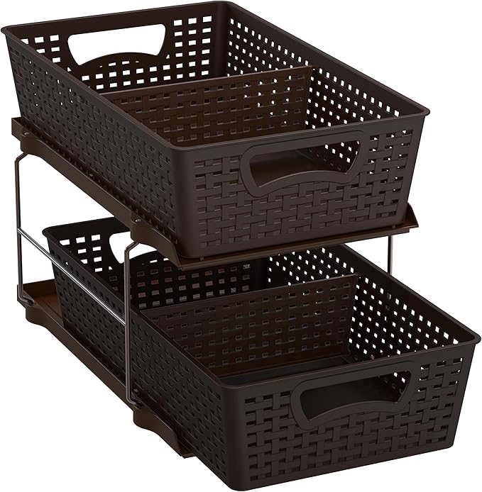 Simple Houseware 2 Tier Bathroom Organizer Tray Pull-Out Sliding Drawer/Under-Sink Storage, Brown