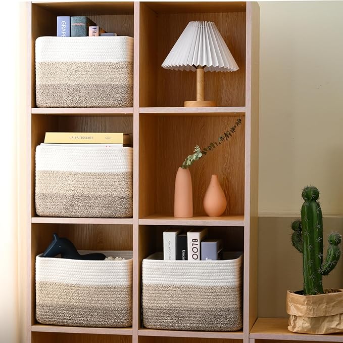 Small Storage Baskets for Organizing Shelves, Woven Cotton Rope Basket for Storage, Cute Rectangular Book Toy Baskets, 12.7"×9.1"×7.9", 4 Packs, Gradient Brown