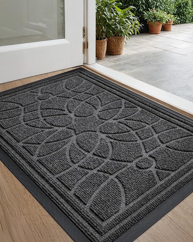 DEXI Front Door Mat Outside Entrance, Heavy Duty Non Slip Low Profile Doormat for Entryway, Trap Dirt and Moisture Welcome Mats, Easy Clean, Patio, Garage, 3x2, Grey