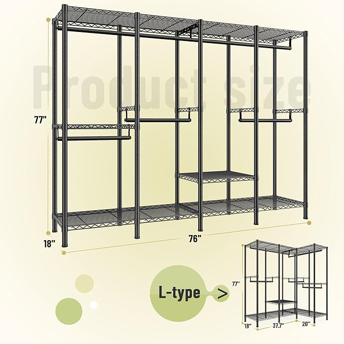 Raybee Heavy Duty Clothes Rack for Hanging Clothes,Clothing Rack with Shelves, Adjustable,76" W x 77" H x 18" D,Max Load 1150lbs,Black