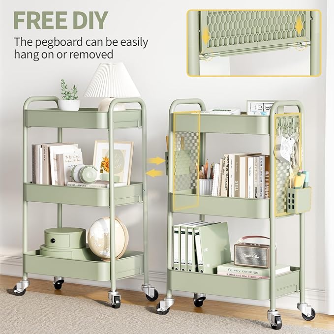 TOOLF 3 Tier Rolling Cart Storage Organizer, Metal Rolling Utility Cart with Wheels, Hooks & Bins Esthetician Craft Art Sturdy Storage with Pegboard for Bathroom, Kitchen, Office, Nursery Diaper