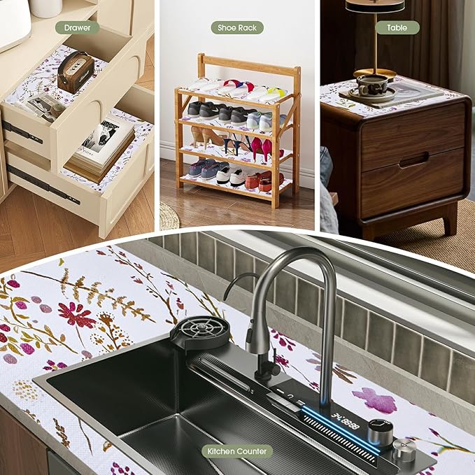 Drawer and Shelf Liner for Kitchen Cabinets, Non Adhesive, Non Slip Drawer Liner Shelf Paper for Kitchen, Waterproof Floral Shelf Liner (Colorful Floral, 18INx20FT)