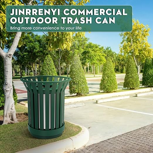 Round Heavy Duty Outdoor Trash Can, Large Metal Slatted Garbage Can for All Weather Resistant, Commercial Garbage Cans, Waste Receptacle in Park, Beach, Patio (Green, Medium)