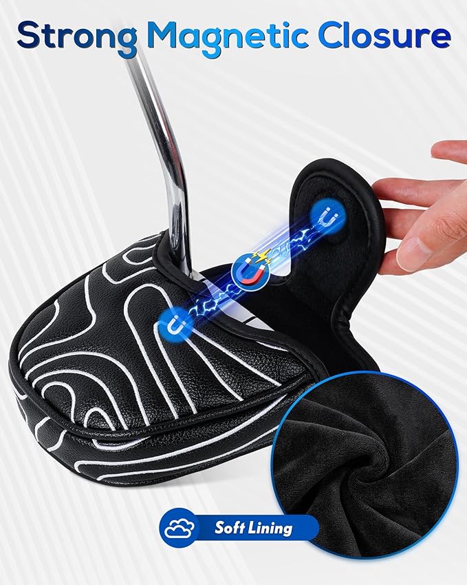 Big Teeth Golf Club Covers Full Set Driver Headcover Fairway Wood Hybrid Golf Club Iron Head Covers, Topographic Edition Putter Cover Leather Golf Head Covers Pure Black, Gifts for Men