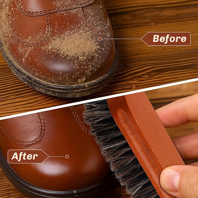 4 Pcs Horsehair Shine Shoes Brush Kit Polish Dauber Applicators Cleaning Leather Shoes Boots Care Brushes Suede Cleaner Brush with Microfiber Shoe Cloth(Brown Style A)
