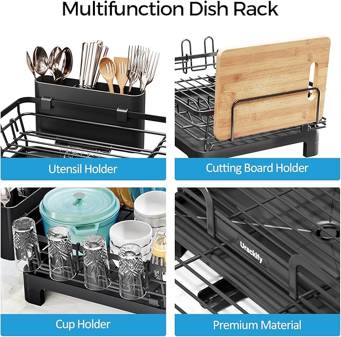 Extendable Dish Drying Rack, 2 in 1 Multifunction Dish Rack for Kitchen Counter, Expandable Dish Drainer Over Sink, Large Plate Strainer with Drainboard & Cups Holder