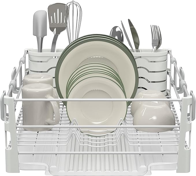 SIMPLE HOUSEWARE White Dish Drying Rack with Drainboard, Utensil Holder & Mug Hooks – Metal Kitchen Counter Organizer