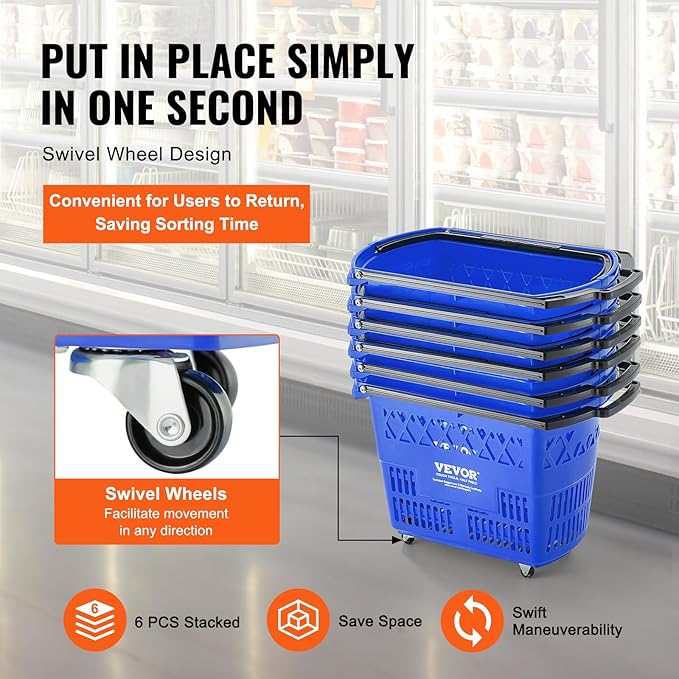VEVOR Shopping Carts with Handles, 6PCS, 39L Plastic Rolling Shopping Basket with Wheels, Large Portable Shopping Basket Set for Supermarkets, Retail Stores, Grocery Shopping, Blue