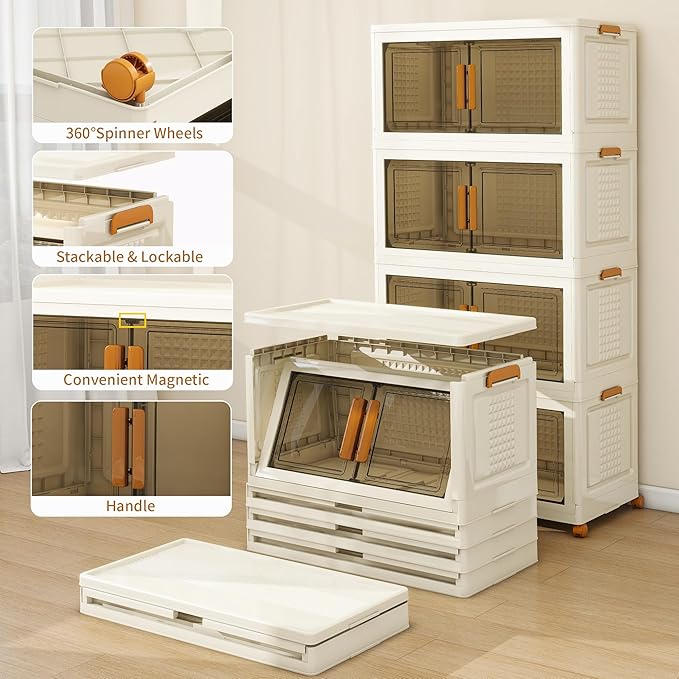Plastic Stackable Storage Bins with Lids and Wheels, Foldable Closet Organizers and Storage Containers for Bathroom, Collapsible Clear Drawer Storage Cabinet with Doors White 38Gal 4Tiers