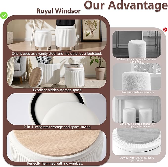 Royal Windsor Round Ottoman with Storage Set of 2, Vanity Stool with Storage for Bedroom, Ottoman Coffee Table Silver-Tone Ring Around The Base, Small Velvet Foot Stool for Living Room, White