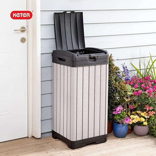 Keter Rockford Resin 38 Gallon Outdoor Kitchen Trash Can with Lid and Drip Tray for Easy Cleaning-Perfect for Patio Dining, Grey