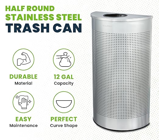 Alpine Half Round Trash Can Open Top - Modern 12 Gallon Stainless Steel Space Saving Indoor Commercial Trash Can, Narrow Garbage Can for Bathroom. Office, Lobby and Business.
