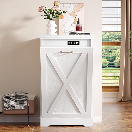 Betterhood Tilt Out Trash Can Cabinet, Hidden Trash Bin with Deodorizing & Negative Ion System, Pet-Proof Kitchen Waste Cabinet for Kitchen, Dining Room, Living Room (White, 1 * 10 Gallons)