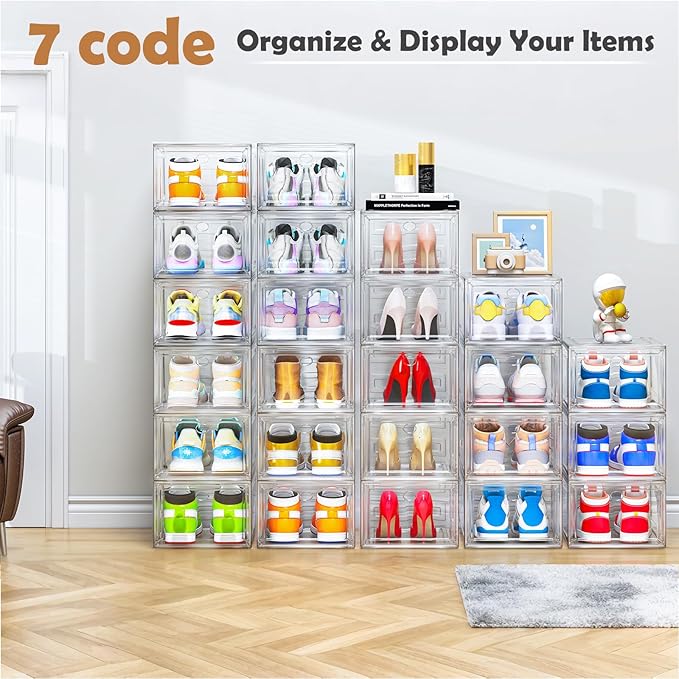 Thicken & Sturdy Clear Shoe Storage Organizer with Magnetic Door, Stackable Boxes for Closet, Foldable Space-Saving Shoe Rack for Sneaker Boot Container, Plastic Shoe Cabinet Shoe Box 6 Pack, White