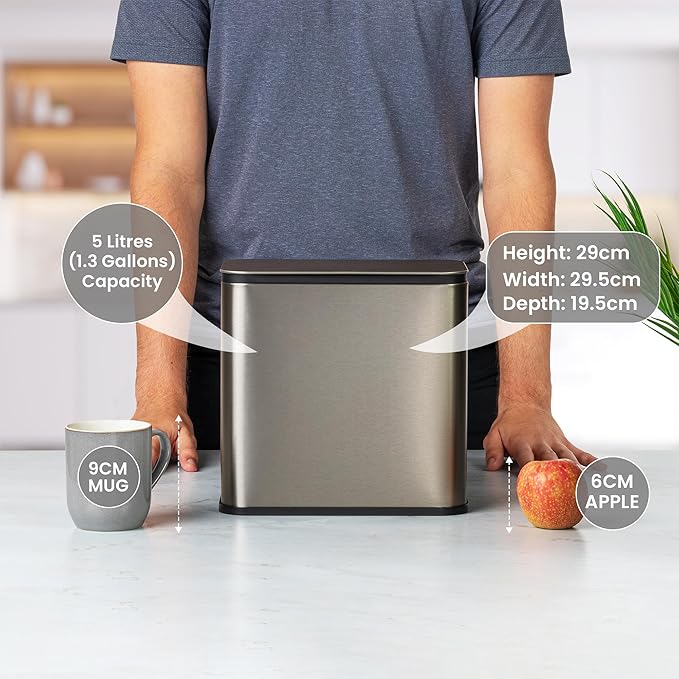 RedFactor Stainless Steel Hanging Trash Can with Lid and Inner Bucket – Slim 1.3 Gallon Odor-Free Compost Bin for Kitchen Cabinet, Countertop, Under Sink, or Bathroom (Metallic Gray)