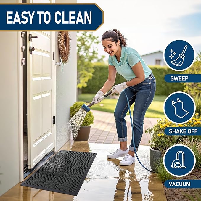 Smiry Front Door Mat Outside Entrance, Heavy Duty Outdoor Indoor Natural Rubber Doormat, Non Slip, Trap Dirt and Moisture, Easy Clean, Low Profile Patio Porch Entryway Mat, 35x23, Black